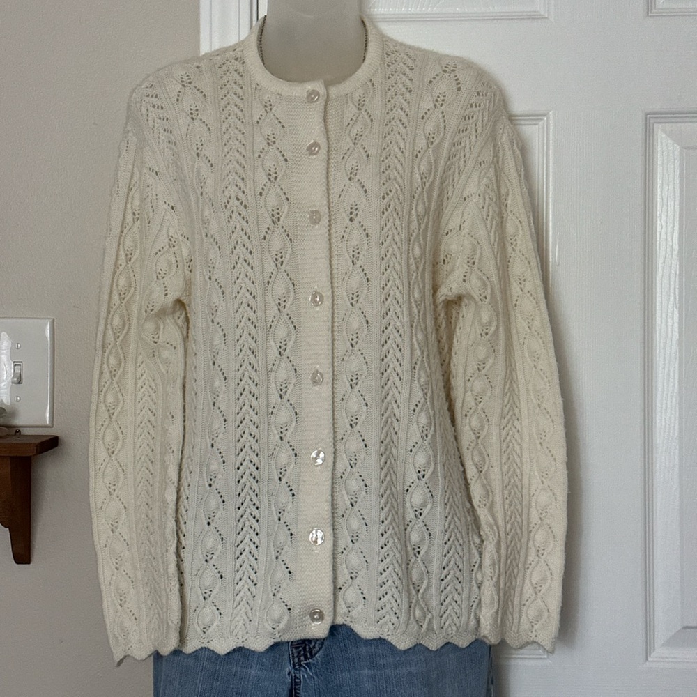 Vintage 50s 60s Dotty Mann Wintuk cable open knit cardigan scalloped hem M/L